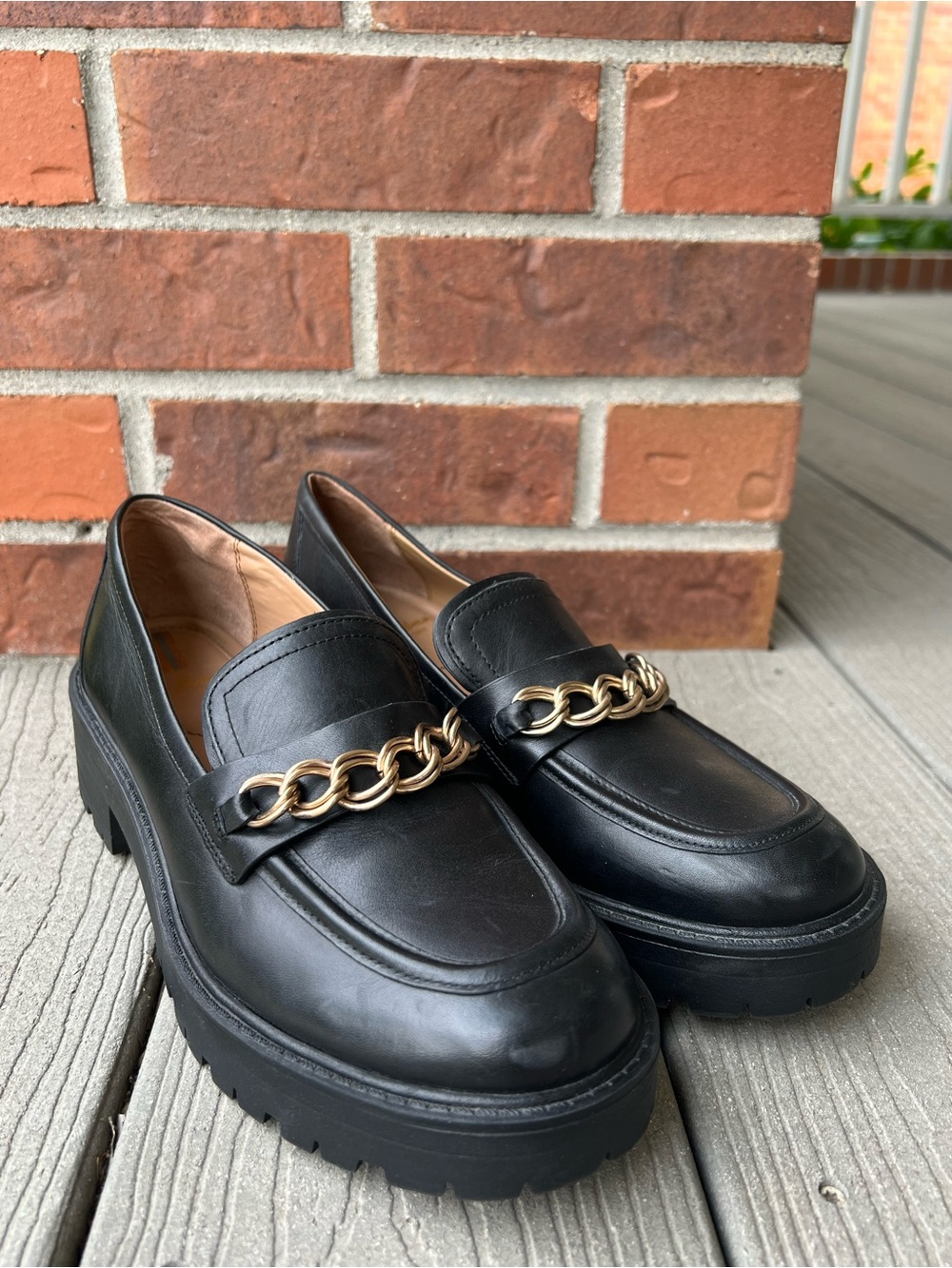 Sam Edelman Black Leather Chunky Loafer with Gold Chain